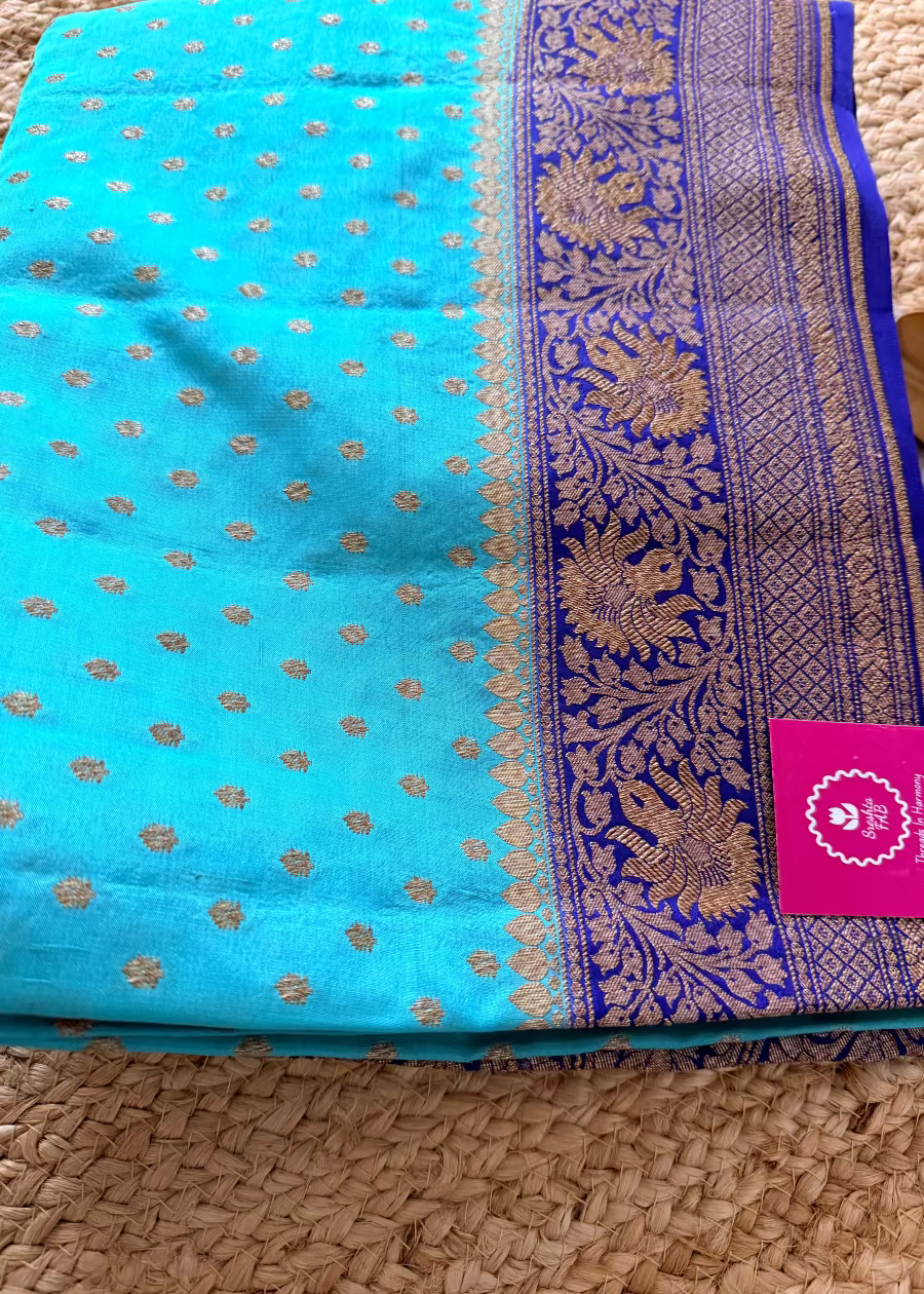 Aqua and Royal Blue Banarasi Crepe Silk Saree - Banaras