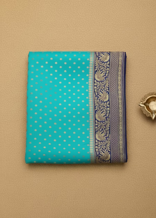 Aqua and Royal Blue Banarasi Crepe Silk Saree - Banaras