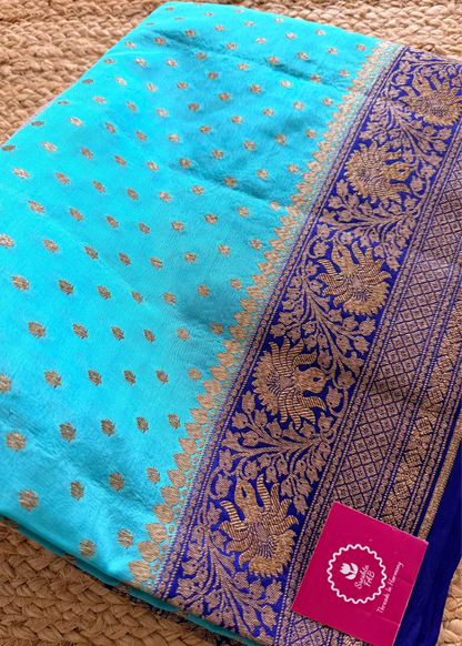 Aqua and Royal Blue Banarasi Crepe Silk Saree - Banaras