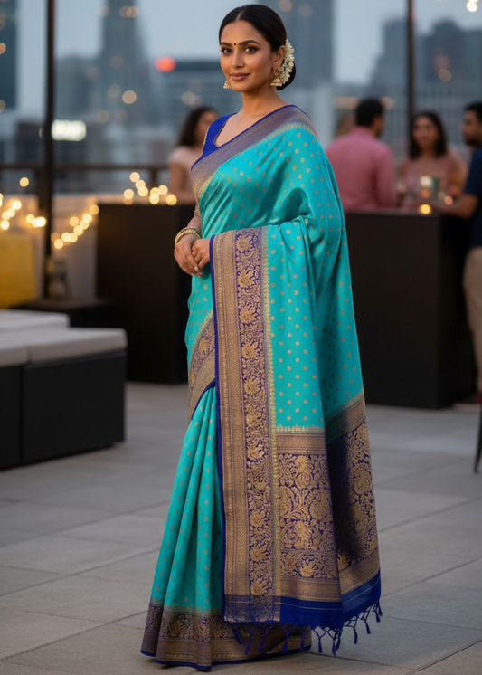 Aqua and Royal Blue Banarasi Crepe Silk Saree - Banaras