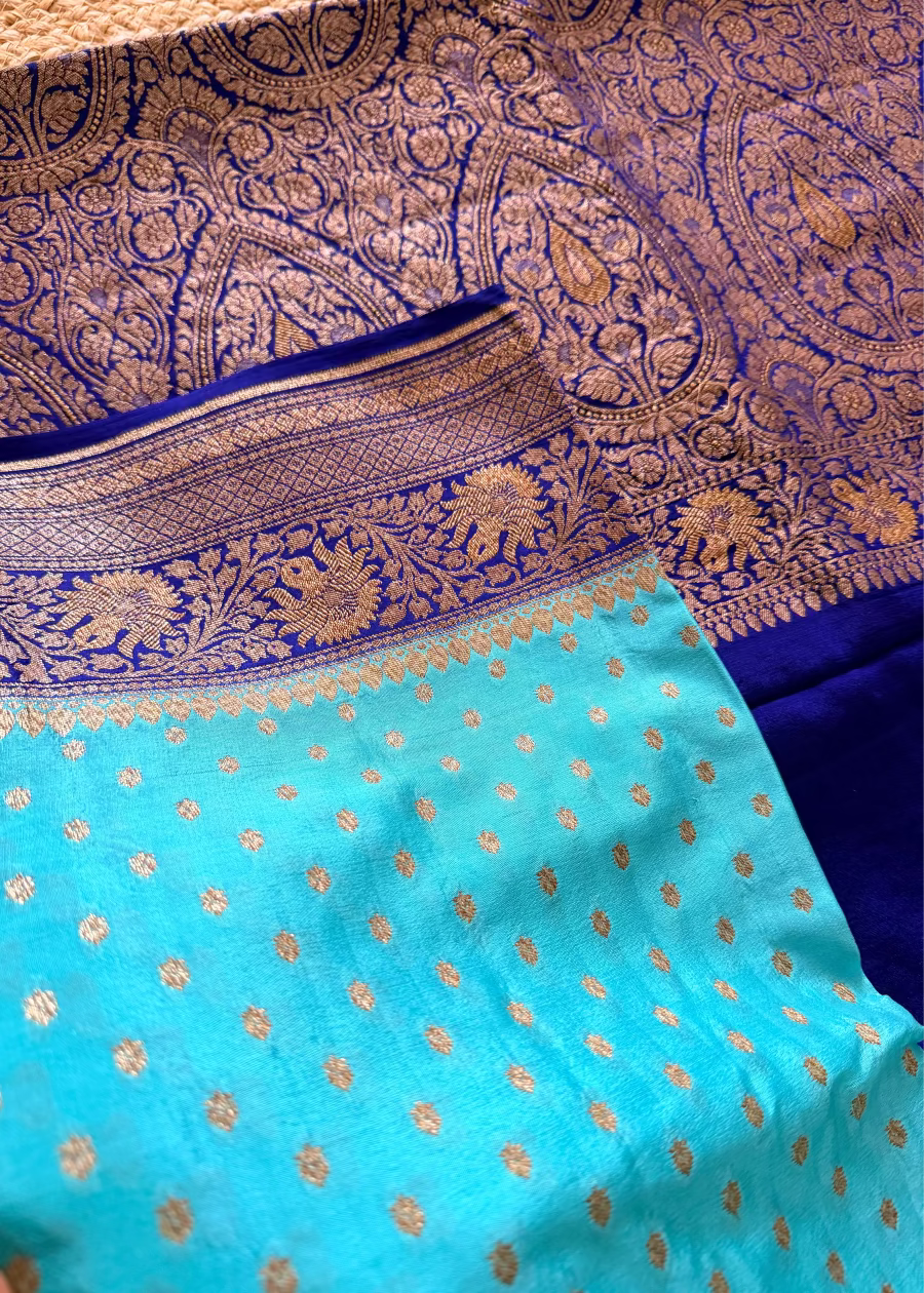 Aqua and Royal Blue Banarasi Crepe Silk Saree - Banaras