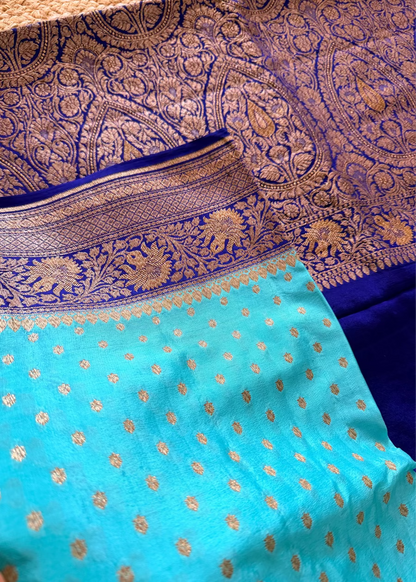 Aqua and Royal Blue Banarasi Crepe Silk Saree - Banaras