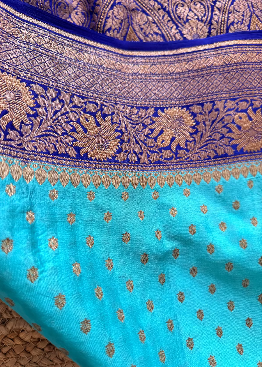 Aqua and Royal Blue Banarasi Crepe Silk Saree - Banaras