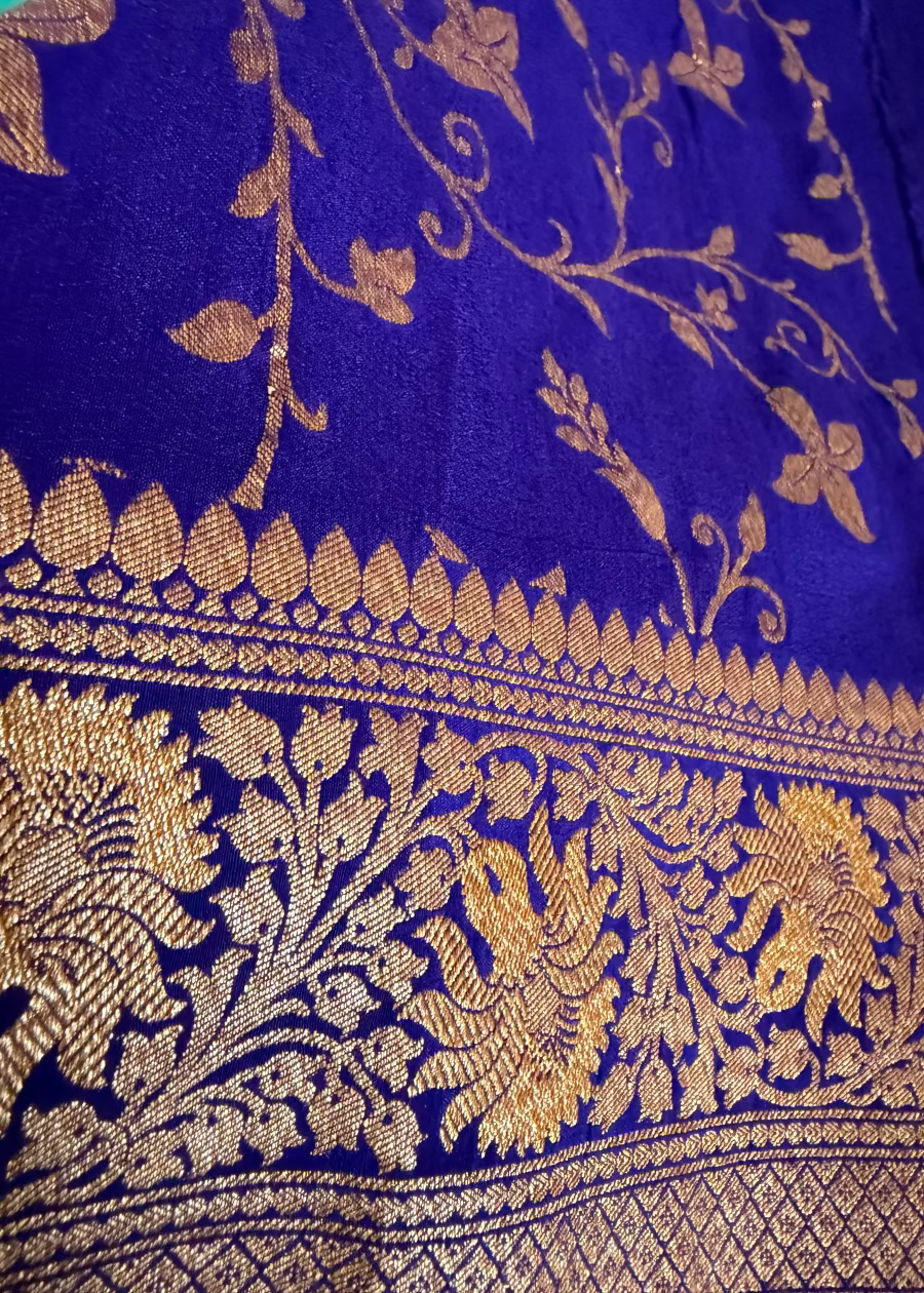 Aqua and Royal Blue Banarasi Crepe Silk Saree - Banaras