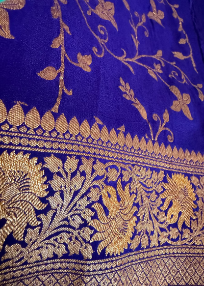 Aqua and Royal Blue Banarasi Crepe Silk Saree - Banaras