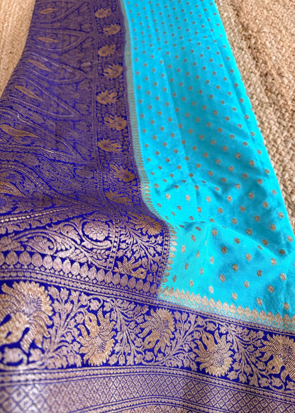 Aqua and Royal Blue Banarasi Crepe Silk Saree - Banaras