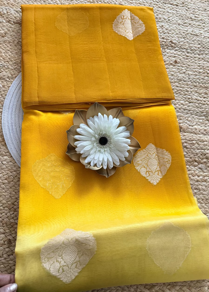Ombre Shaded Yellow Banarasi Organza Silk Saree - Banaras