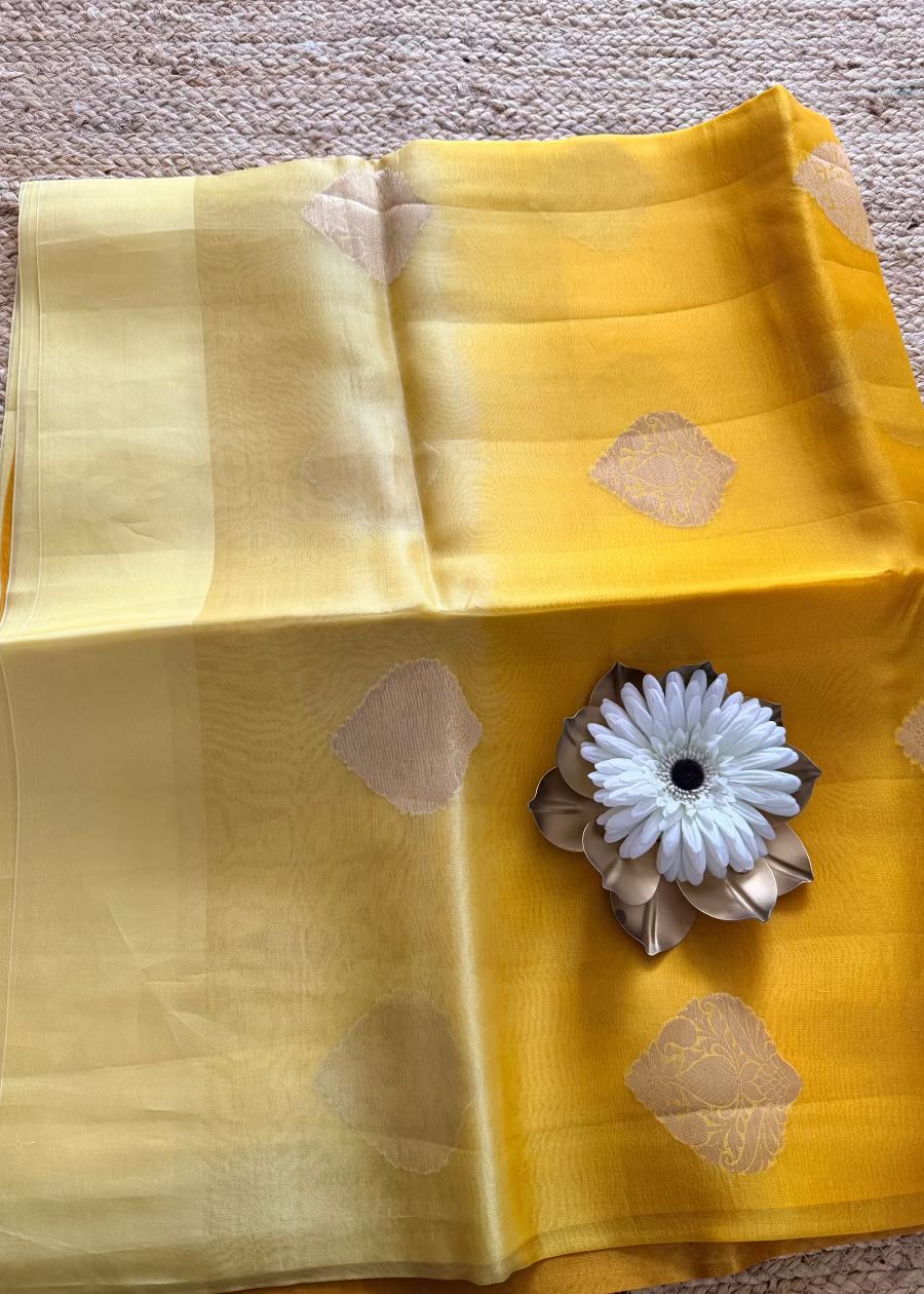 Ombre Shaded Yellow Banarasi Organza Silk Saree - Banaras