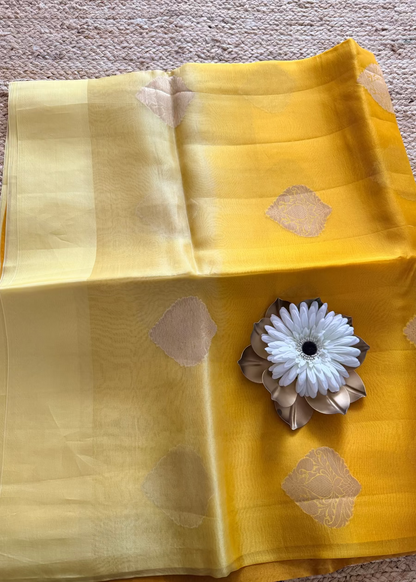 Ombre Shaded Yellow Banarasi Organza Silk Saree - Banaras