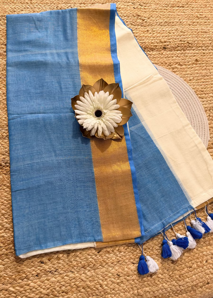 Mul Cotton Saree In Beige and Blue Colour- Kerala
