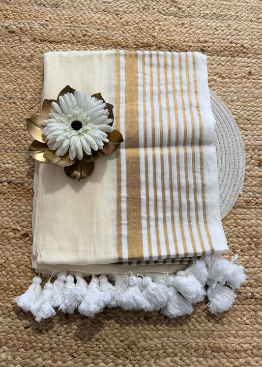Mul Cotton Saree In Golden Lines Border- Kerala