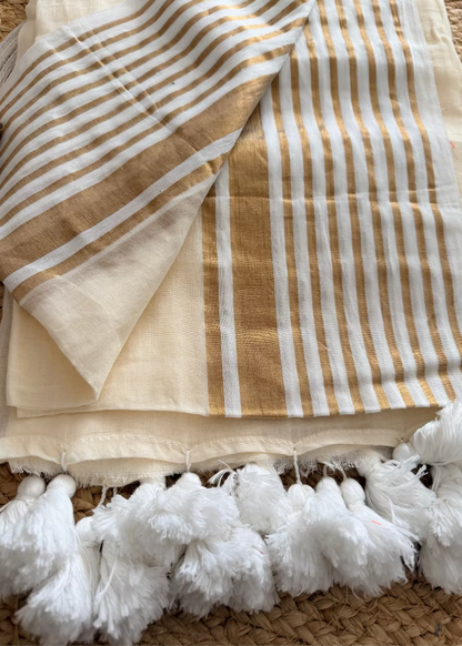Mul Cotton Saree In Golden Lines Border- Kerala