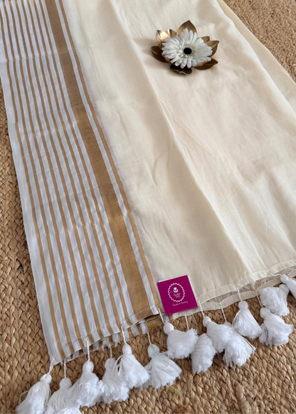 Mul Cotton Saree In Golden Lines Border- Kerala