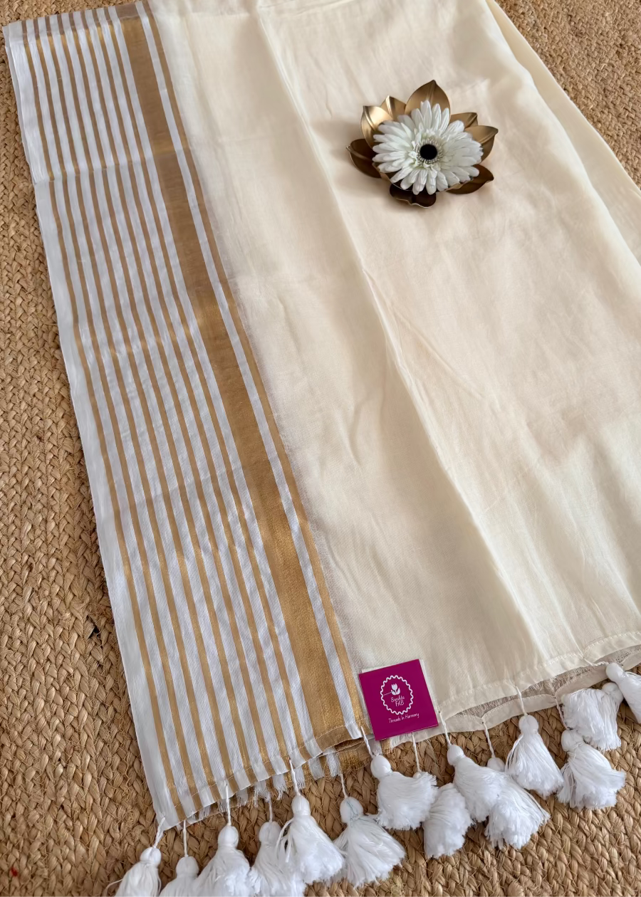 Mul Cotton Saree In Golden Lines Border- Kerala
