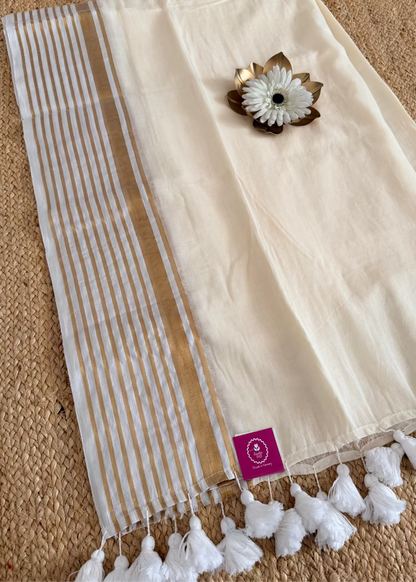 Mul Cotton Saree In Golden Lines Border- Kerala