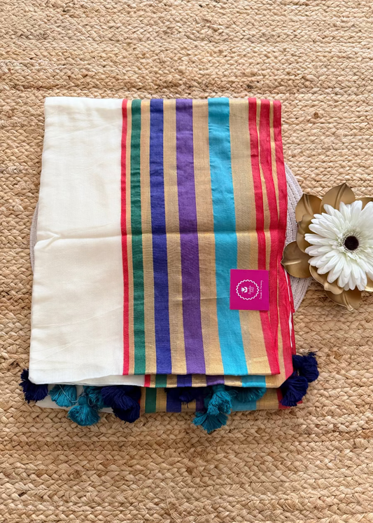Mul Cotton Saree With  Multi Colour Border- Kerala