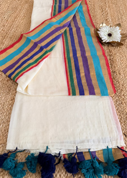 Mul Cotton Saree With  Multi Colour Border- Kerala