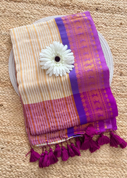 Mul Cotton Saree In Beige and Violet- Kerala