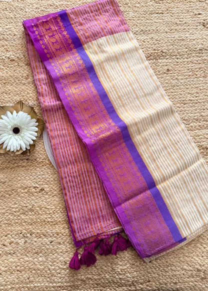 Mul Cotton Saree In Beige and Violet- Kerala