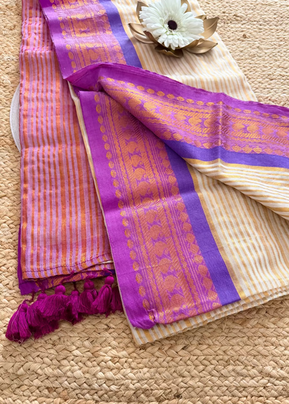 Mul Cotton Saree In Beige and Violet- Kerala