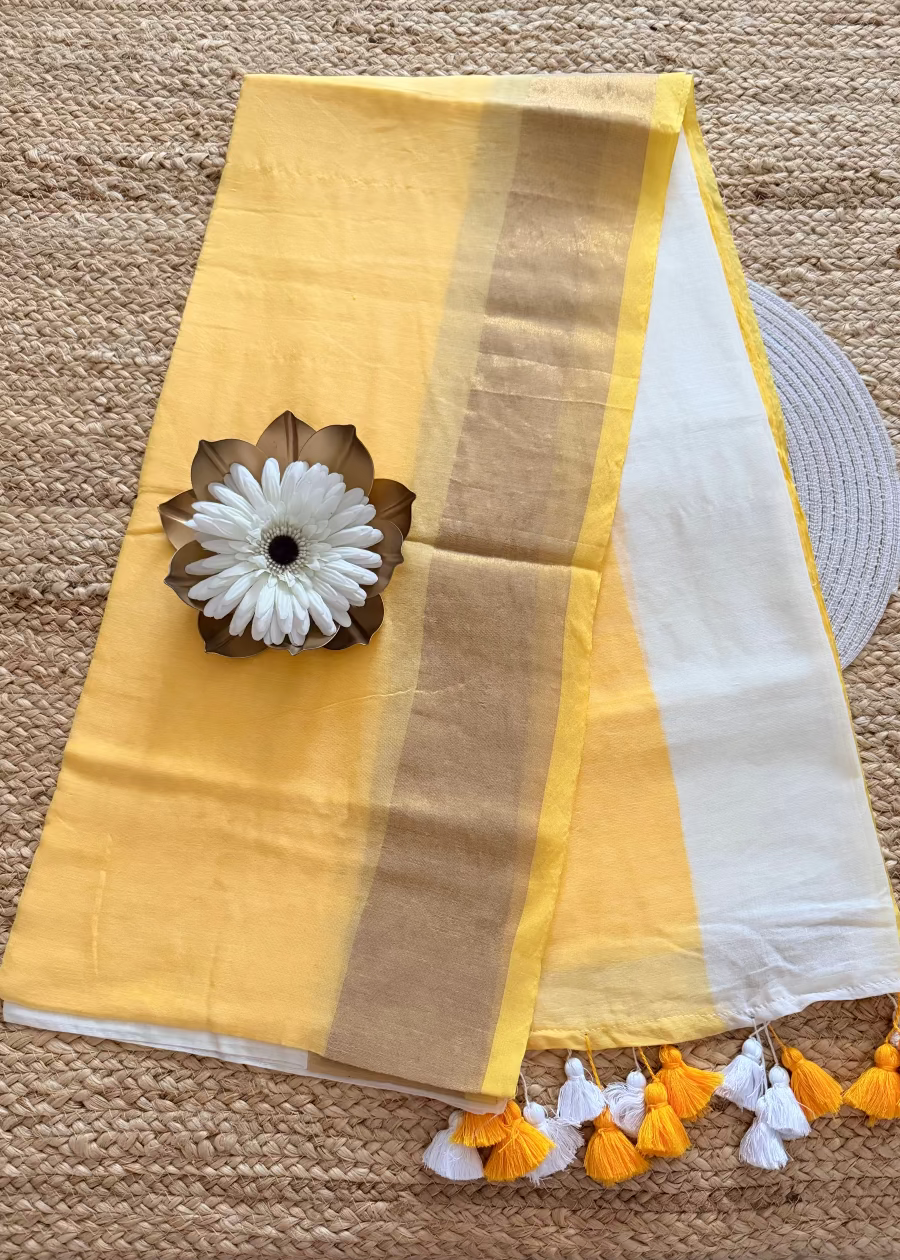 Mul Cotton Saree In Yellow - Kerala