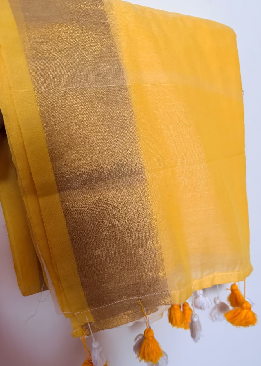 Mul Cotton Saree In Yellow - Kerala