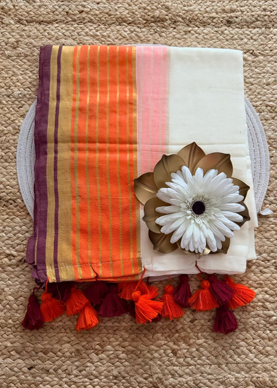 Beige and Orange Mul Cotton Saree- Kerala