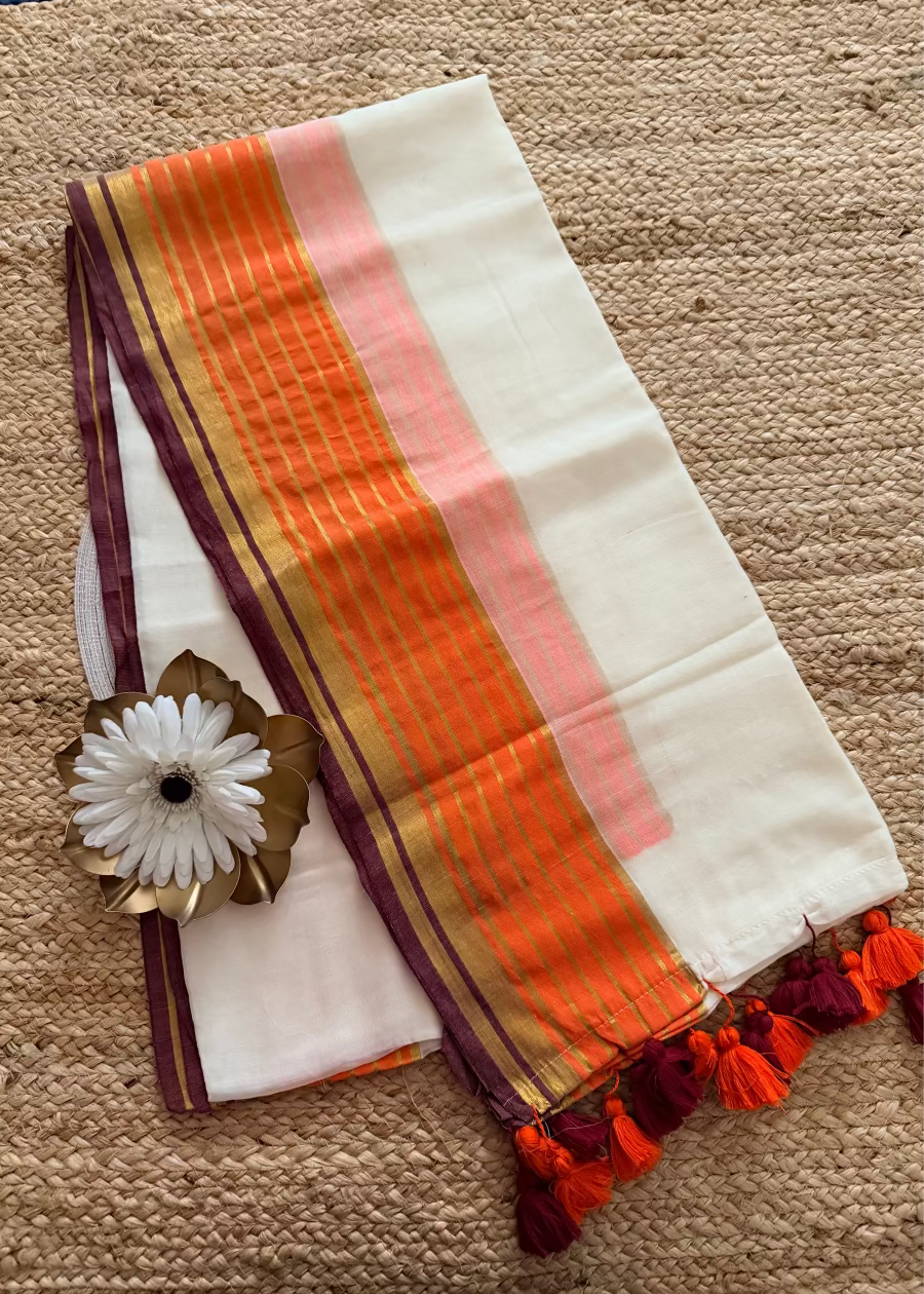 Beige and Orange Mul Cotton Saree- Kerala