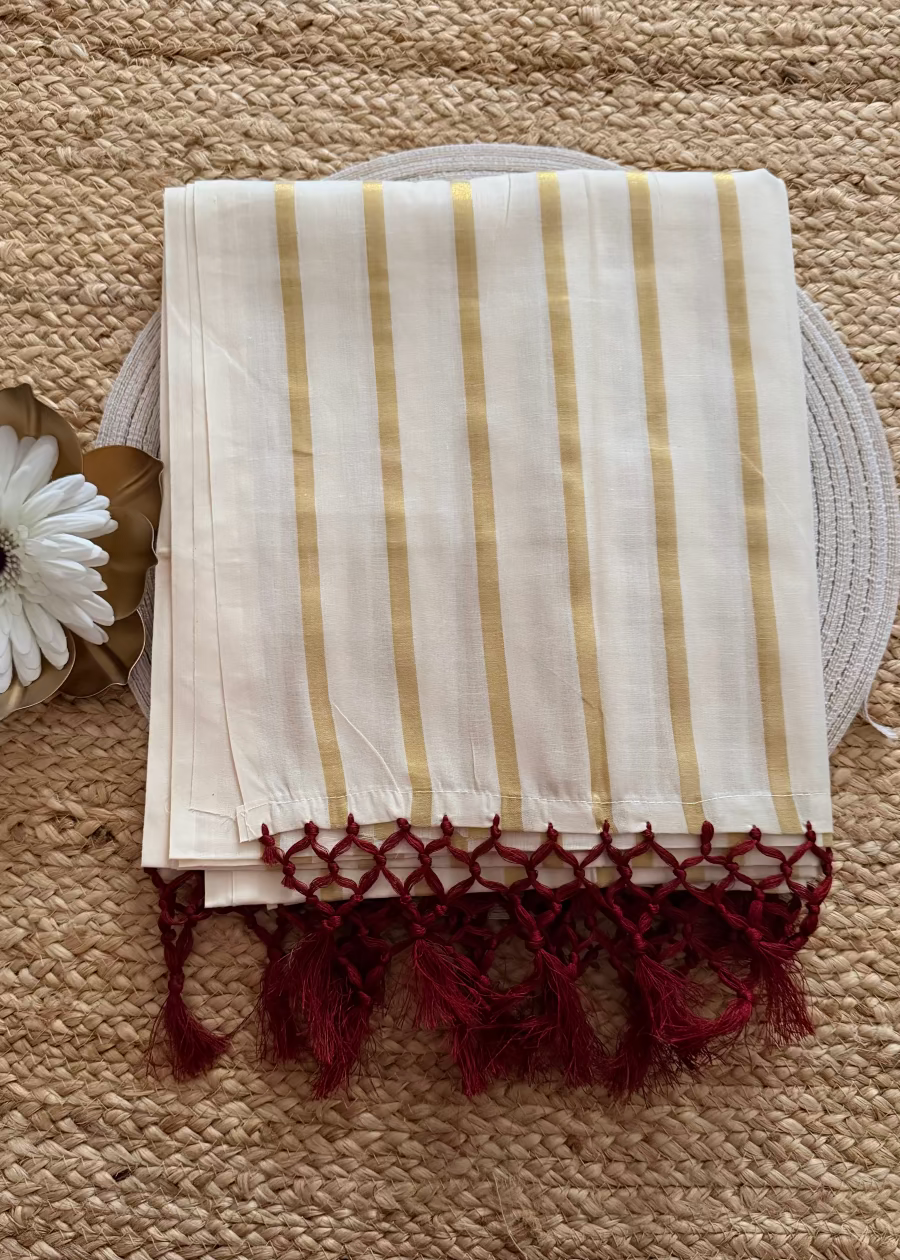 Kerala Kasavu Zari Stripe Saree- Kerala