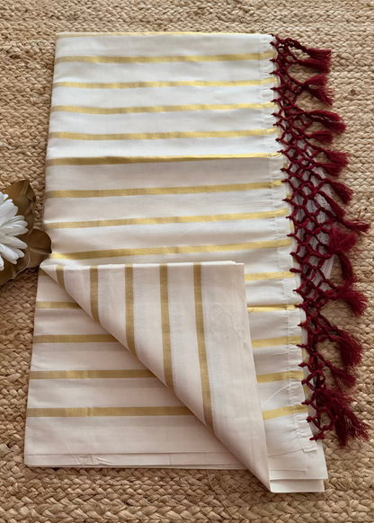 Kerala Kasavu Zari Stripe Saree- Kerala
