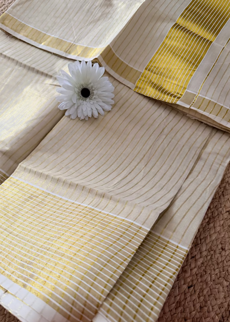 Kerala Kasavu Zari Stripe Saree- Kerala