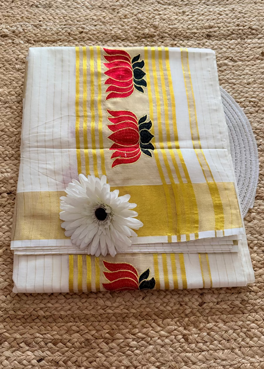 Kerala Kasavu Lotus Design Saree- Kerala