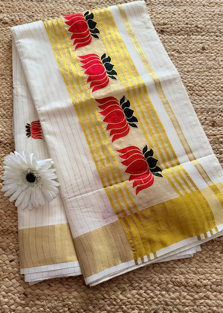 Kerala Kasavu Lotus Design Saree- Kerala