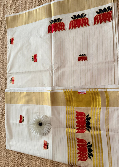 Kerala Kasavu Lotus Design Saree- Kerala