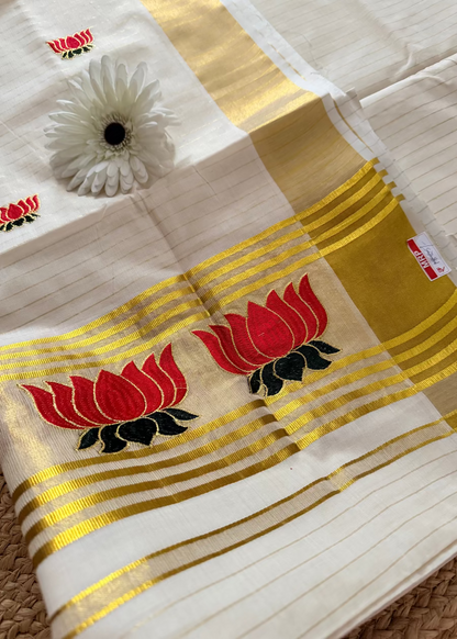 Kerala Kasavu Lotus Design Saree- Kerala
