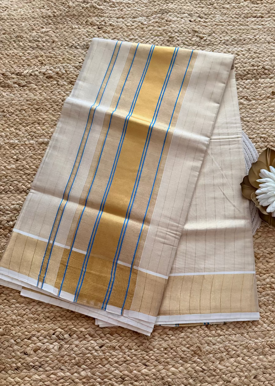 Kerala Kasavu Blue  Saree- Kerala