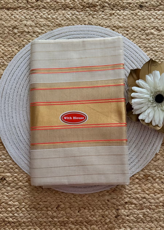 Kerala Kasavu Orange Saree- Kerala