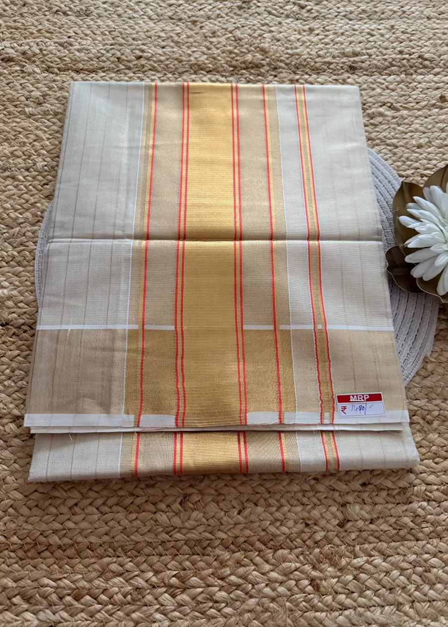 Kerala Kasavu Orange Saree- Kerala
