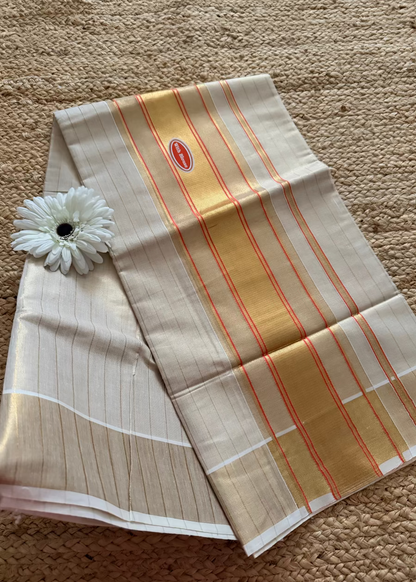 Kerala Kasavu Orange Saree- Kerala