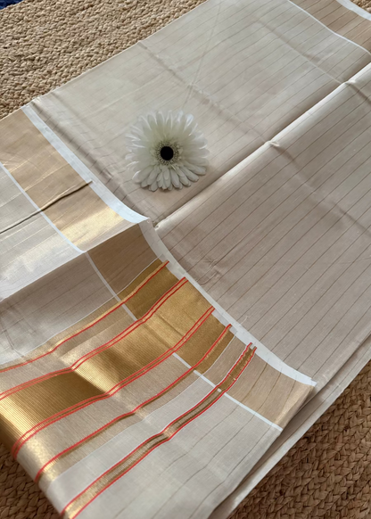 Kerala Kasavu Orange Saree- Kerala