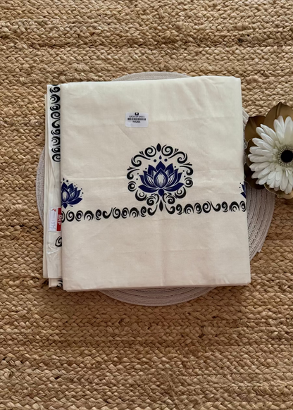 Kerala Cotton Floral Blue Saree- Kerala