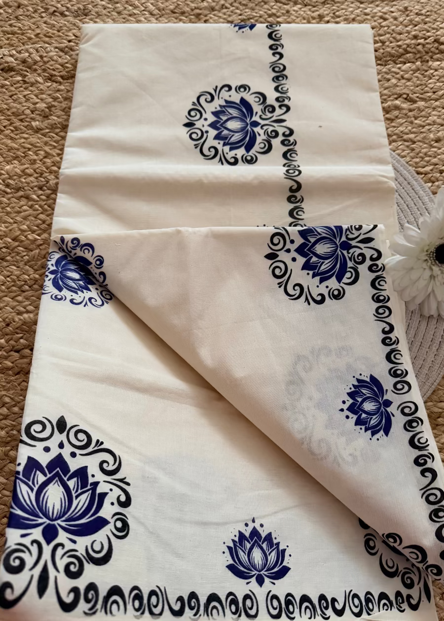 Kerala Cotton Floral Blue Saree- Kerala