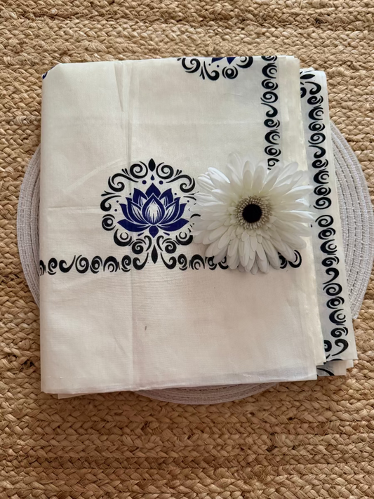Kerala Cotton Floral Blue Saree- Kerala