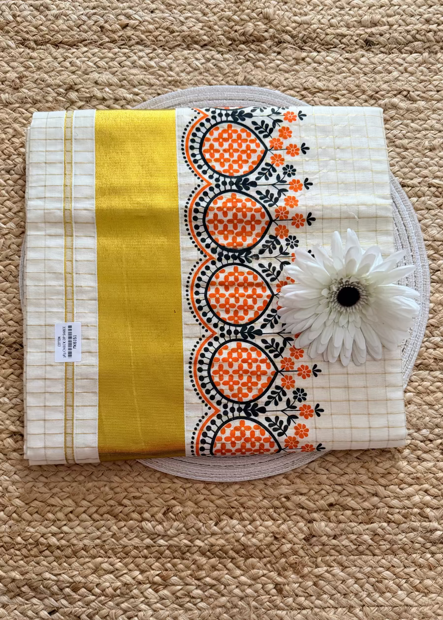 Kerala Kasavu Orange Design Saree- Kerala