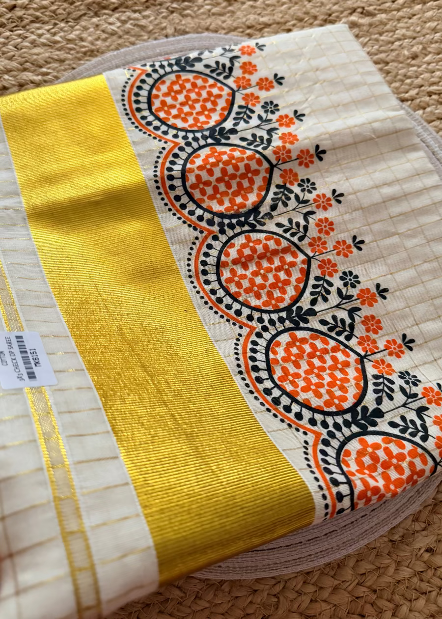 Kerala Kasavu Orange Design Saree- Kerala