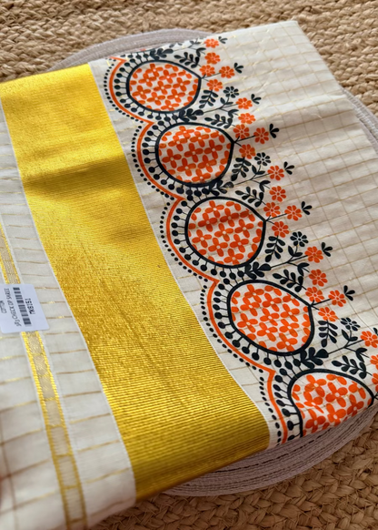 Kerala Kasavu Orange Design Saree- Kerala