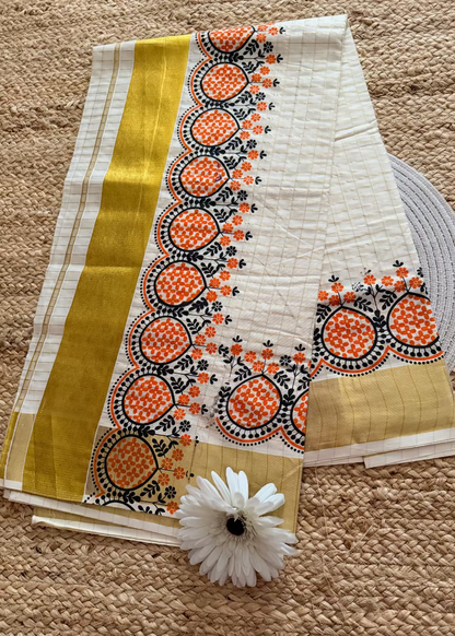 Kerala Kasavu Orange Design Saree- Kerala