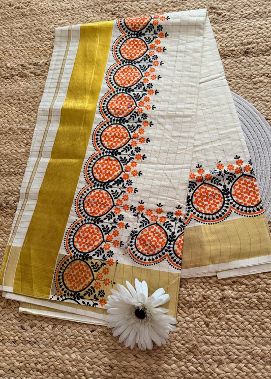 Kerala Kasavu Orange Design Saree- Kerala
