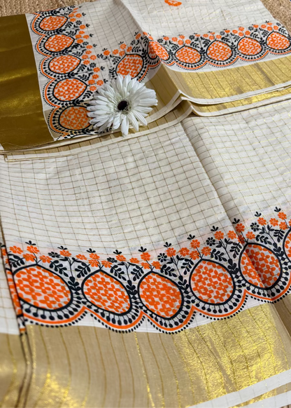 Kerala Kasavu Orange Design Saree- Kerala