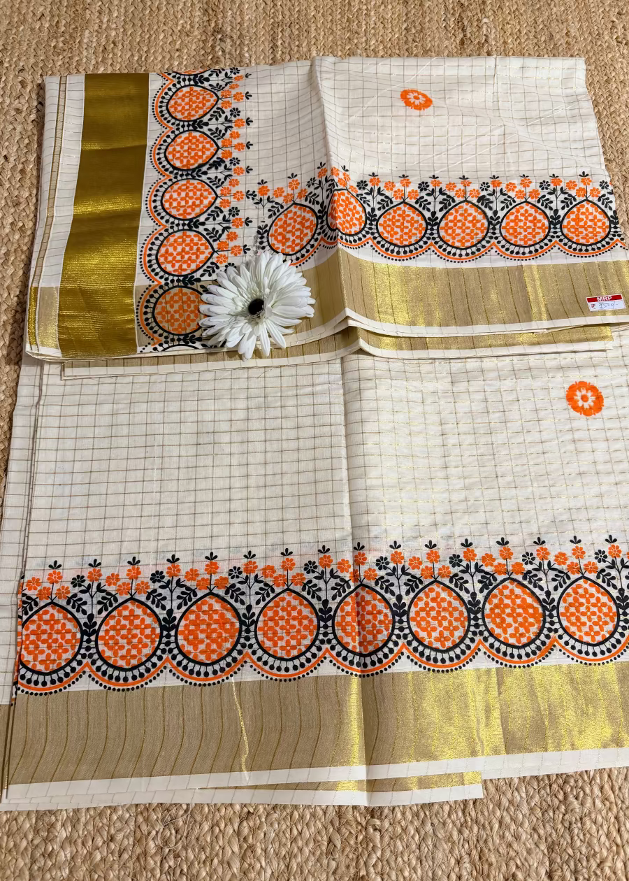 Kerala Kasavu Orange Design Saree- Kerala